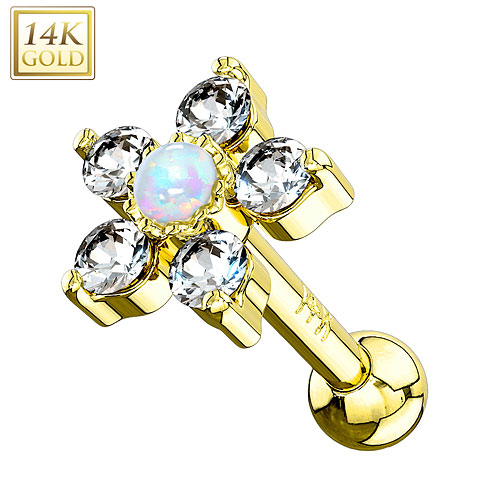 Echt 585 Gold Tragus Helix Blume Daith Ohr Piercing mit Kristallen und Opal 