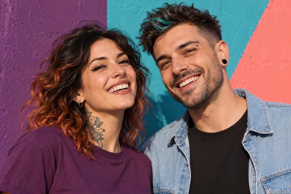 Zwei lachende Models mit Piercings vor violettem, türkisem und korallfarbenem Hintergrund
