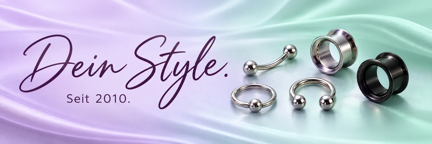 Dein Style. Seit 2010. – Taffstyle Markenbanner mit Piercings und Tunneln auf einem Lila-Mint-Verlauf