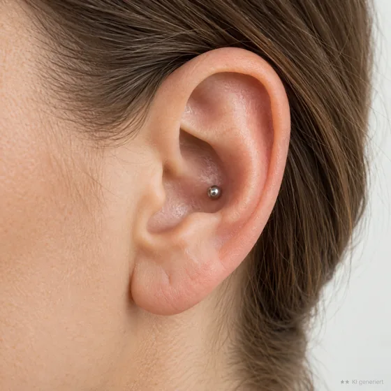 Erwachsenes Ohr mit einem silbernen Kugelstecker in der inneren Conch.