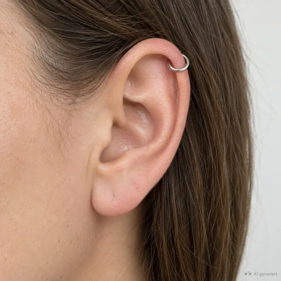 Erwachsenes Ohr mit einem silbernen Ring am oberen äußeren Helix.
