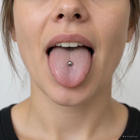 Obere silberne Kugel eines mittig getragenen Zungenpiercings bei einer erwachsenen Person.