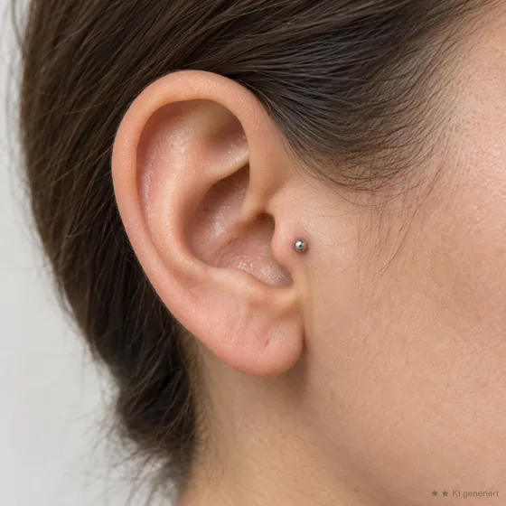 Erwachsenes Ohr mit einem silbernen Kugelstecker am Tragus vor dem Gehörgang.